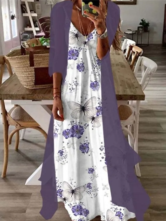 Women's Casual Dress Dress Set Two Piece Dress Long Dress Maxi Dress Purple Brown Green Half Sleeve Flower Print Summer Spring V Neck Fashion Vacation 2023 S M L XL XXL 3XL