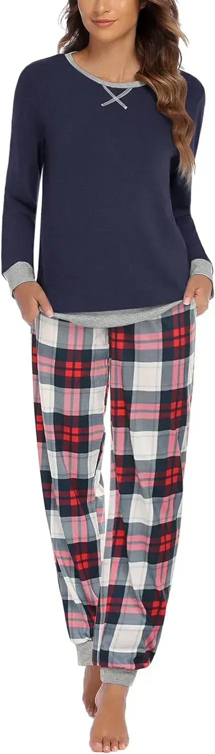 Women's Pajamas Sets Long Sleeve with Plaid Pants Soft Sleepwear O Neck 2 Piece Pjs Joggers Loung Set with Pockets