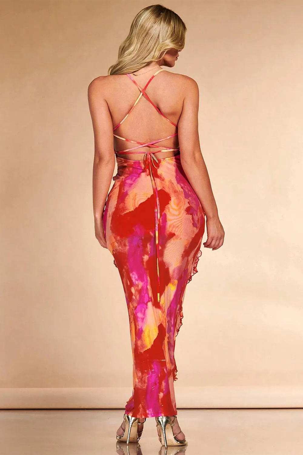 BAE Tie Dye Ruffle Trim Crisscross Backless Ruche