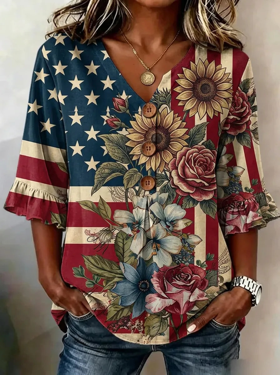 Women's Nashville USA Flag Sunflower Rose Printed V-Neck Top