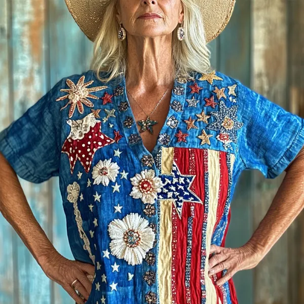 American Flag Flowers Embroidered Patchwork Linen Shirt