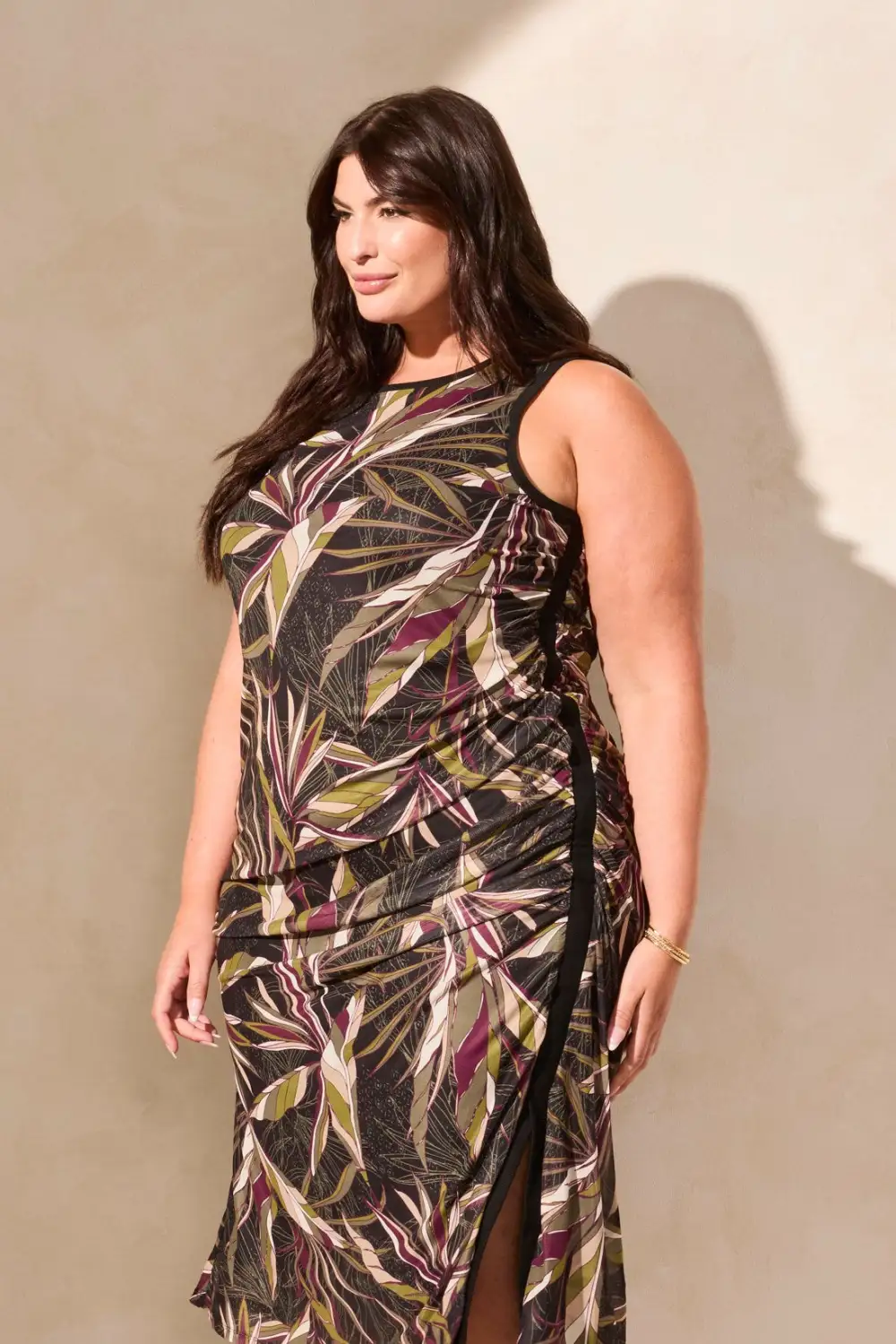 Printed Mesh Sleeveless Maxi Dress With Front Slit-Maroon