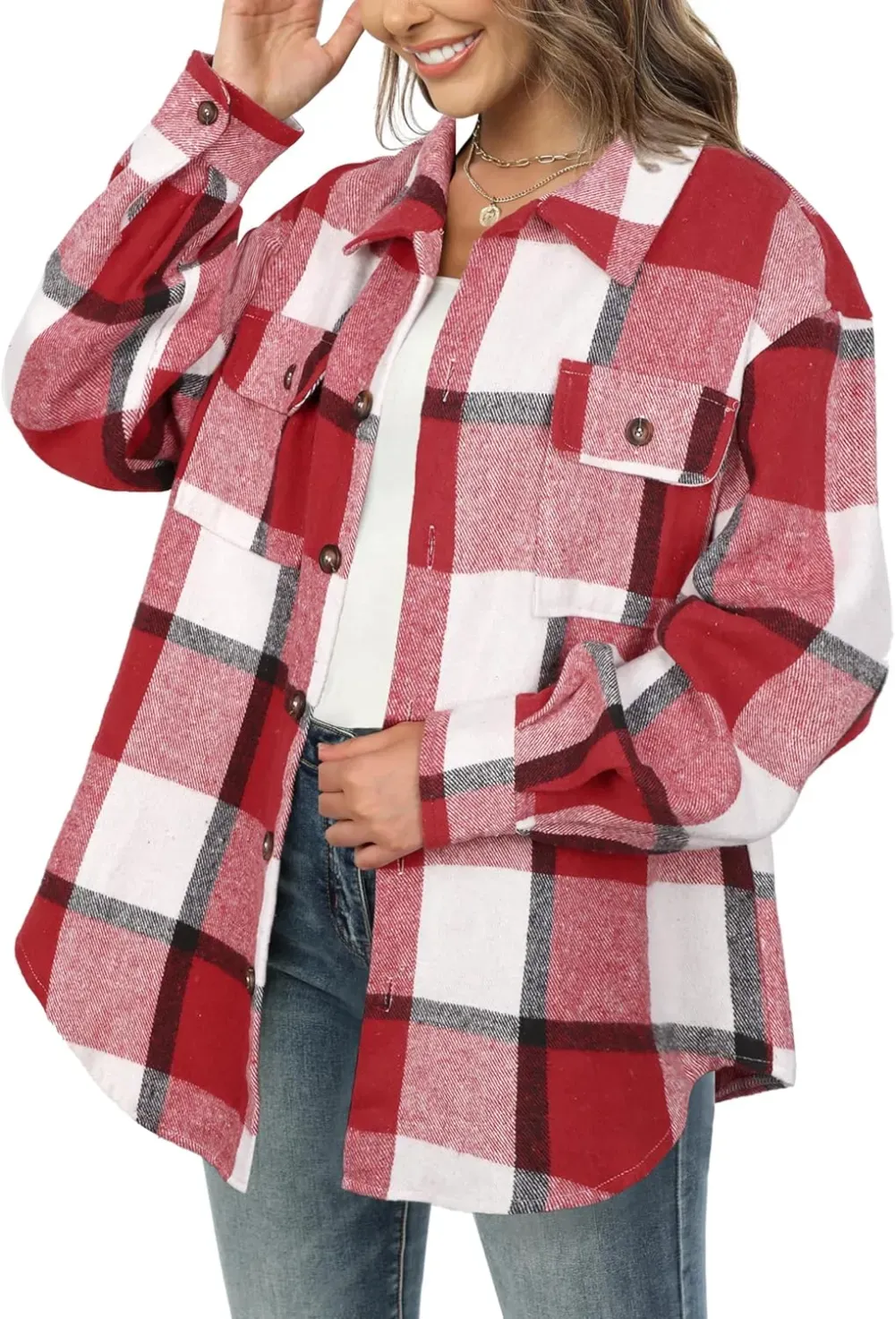 Women's Casual Plaid Flannel Shacket Jacket Oversized Button Down Long Sleeve Fall Shirts Jacket Lapel Coats Tops