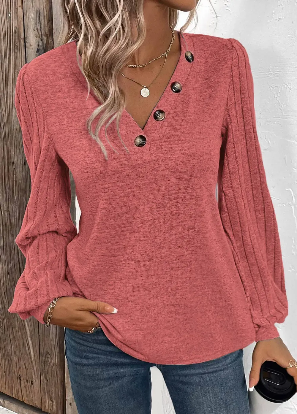 Dusty Pink Patchwork Long Sleeve V Neck Sweatshirt