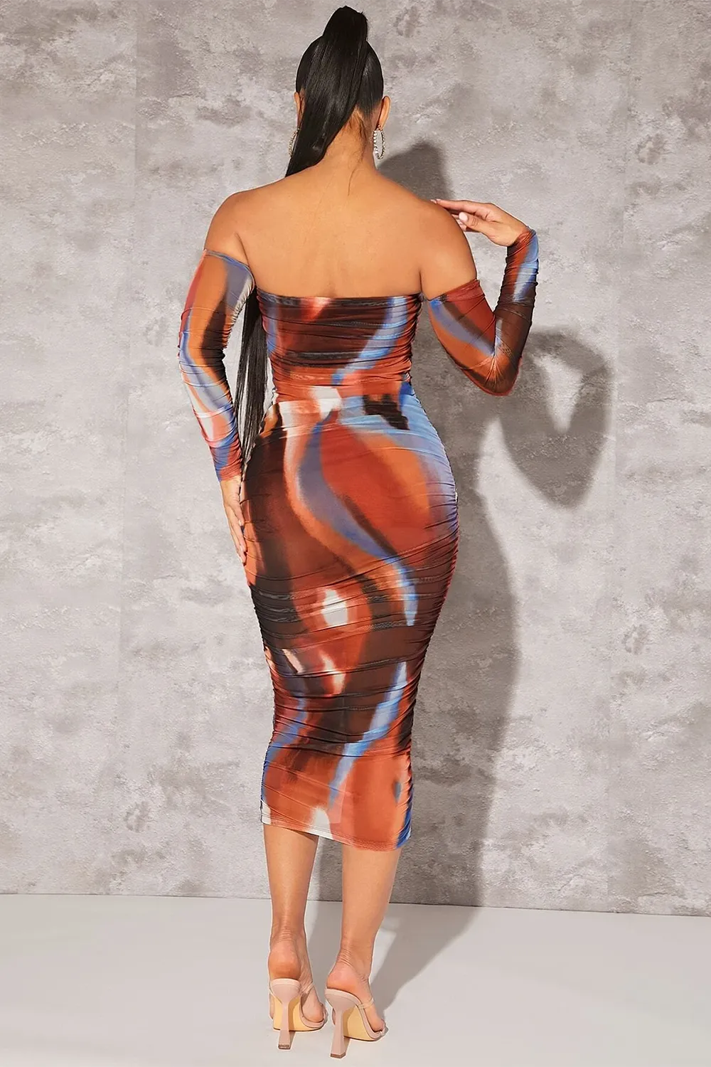 BAE Tie Dye Off Shoulder Ruched Side Bodycon Dress