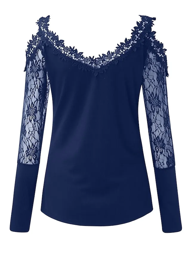 Women's T shirt Tee Going Out Tops Burgundy Tee Plain Casual Weekend Black Wine Blue Lace Cut Out Long Sleeve Basic Off Shoulder V Neck Regular Fit Fall & Winter