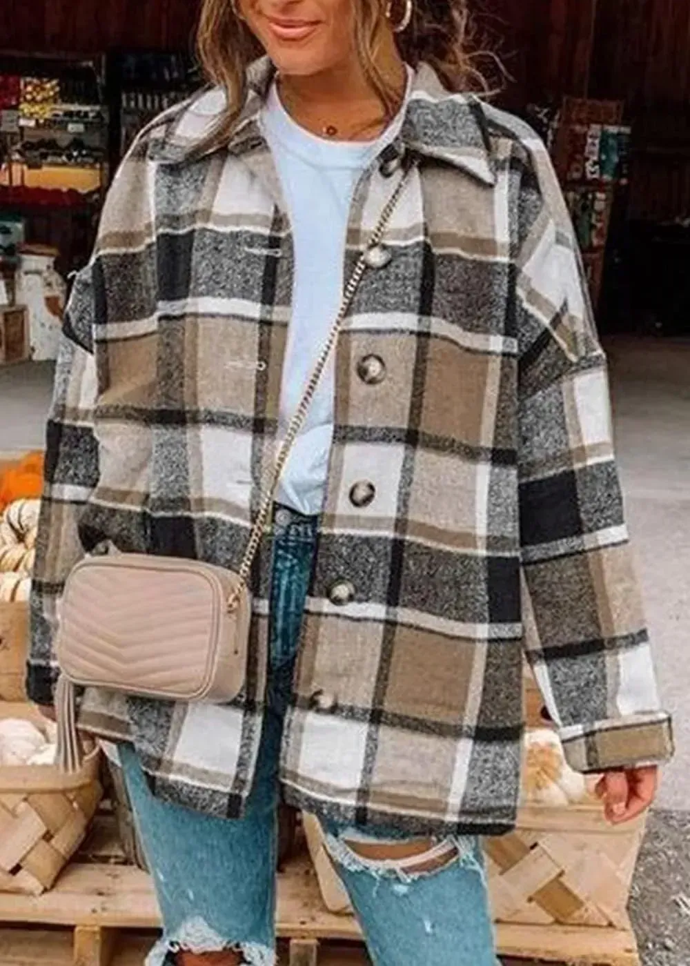 Women's 2023 Fall Clothes Plaid Shacket Jacket Long Sleeve Button Down Flannel Shirts Fashion Blouse