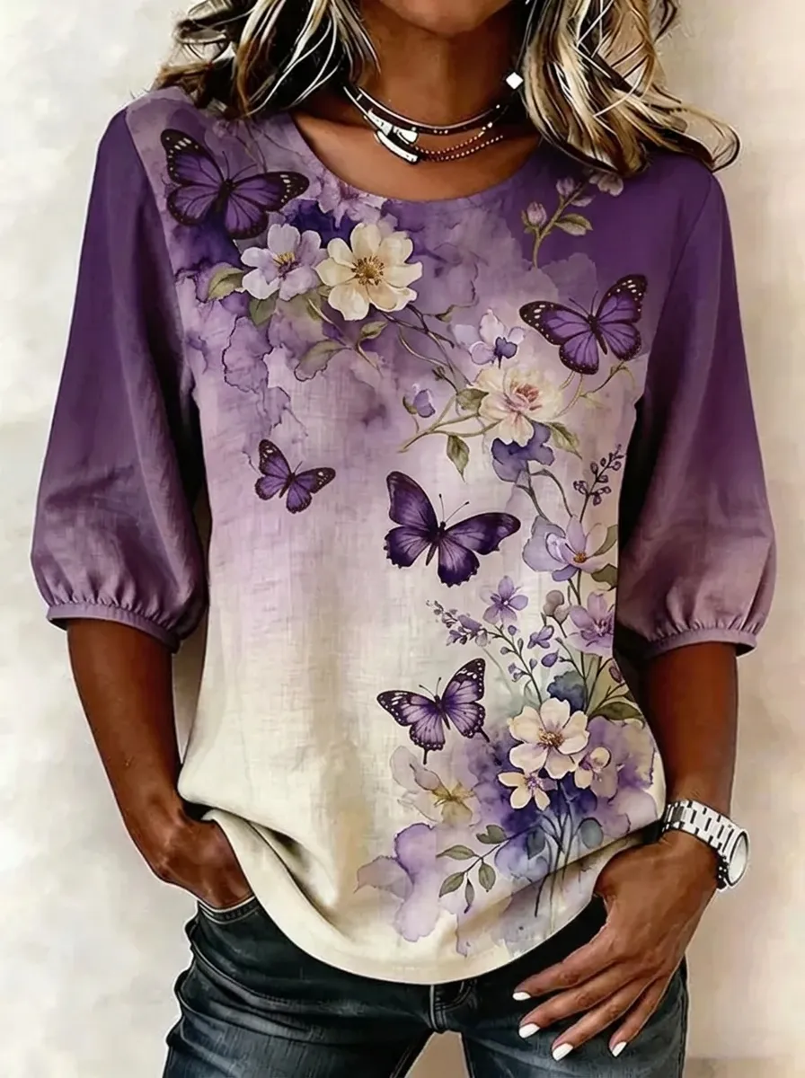 Women's Nashville Floral Butterfly Printed 3/4 Sleeve Top