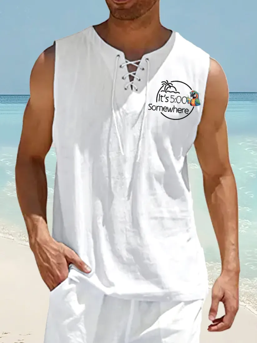 Men's It's 5 O'clock Somewhere Parrot Print Casual Lace-Up Cotton Sleeveless Shirt