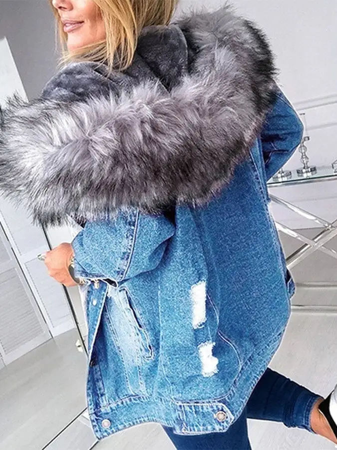 Women'S Big Fur Collar Denim Jacket Fashion Casual Jacket