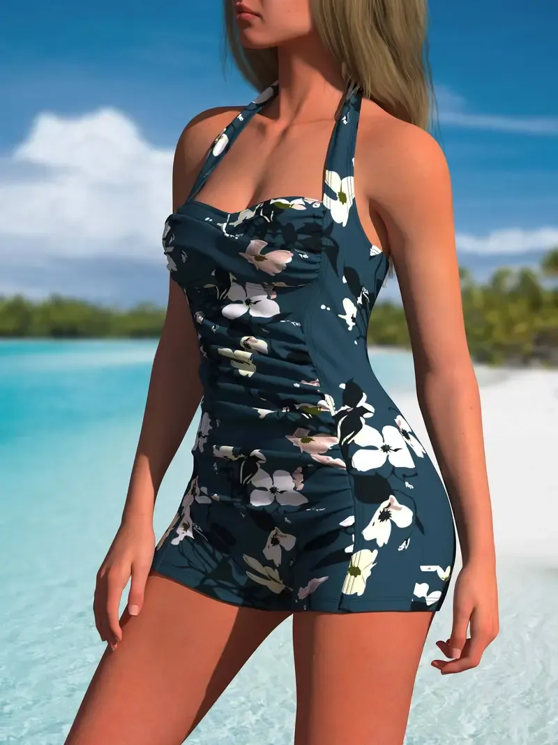 Floral Pattern One-piece Swimsuit, Halter Neck Ruched Bathing Suits - Women's Swimwear & Clothing - For Women - Perfect for Summer Beach Vacations & Pool Parties - Ideal Gift for Women