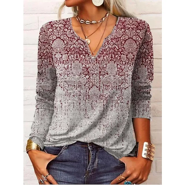 Women's Plus Size Shirt Blouse Black Pink Wine Paisley Color Gradient Vintage Button Print Long Sleeve Daily Casual V Neck Regular Fit Fall & Winter