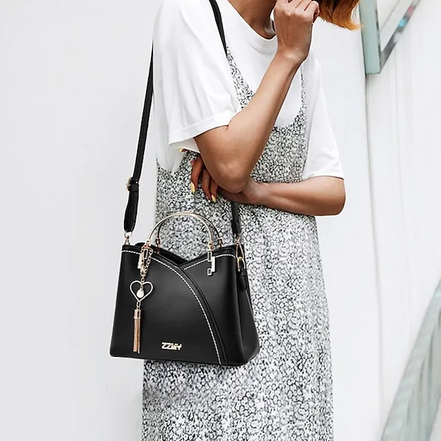 Women's Handbag Crossbody Bag Shoulder Bag PU Leather Office Shopping Daily Pendant Tassel Zipper Adjustable Solid Color Color Block Black / Red White / Green Wine red and white