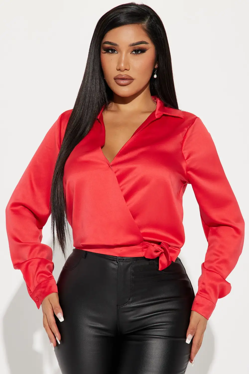 Olivia Satin Blouse Top - Red