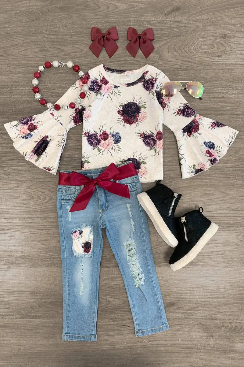 Purple Floral Bell Sleeve Denim Pant Set