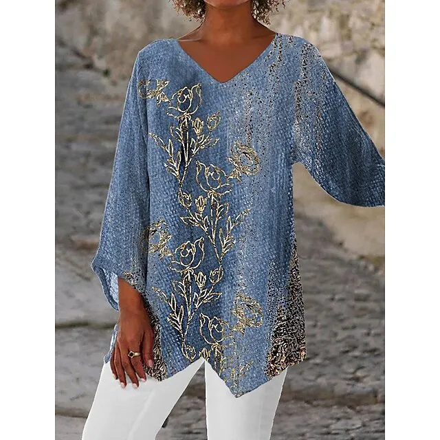Women's Plus Size Shirt Blouse Tunic White Red Blue Graphic Floral Asymmetric Print Long Sleeve Streetwear Casual V Neck Regular Fit Floral Spring Fall