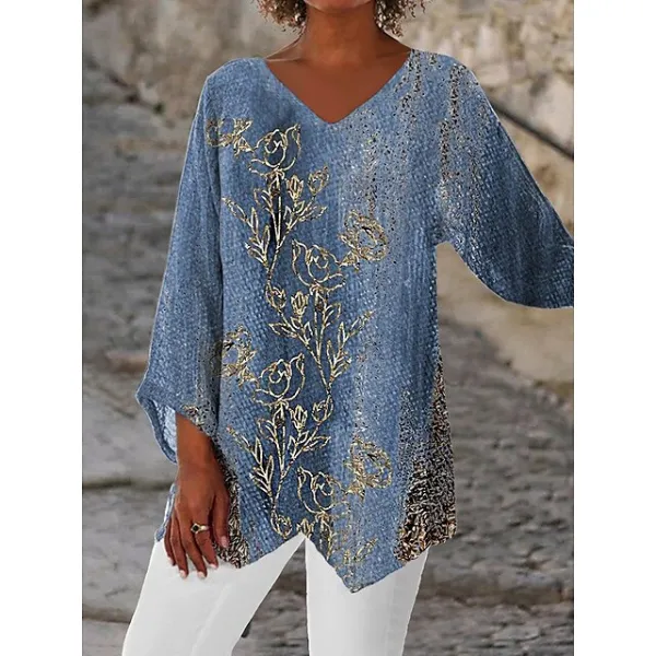 Women's Plus Size Shirt Blouse Tunic White Red Blue Graphic Floral Asymmetric Print Long Sleeve Streetwear Casual V Neck Regular Fit Floral Spring Fall