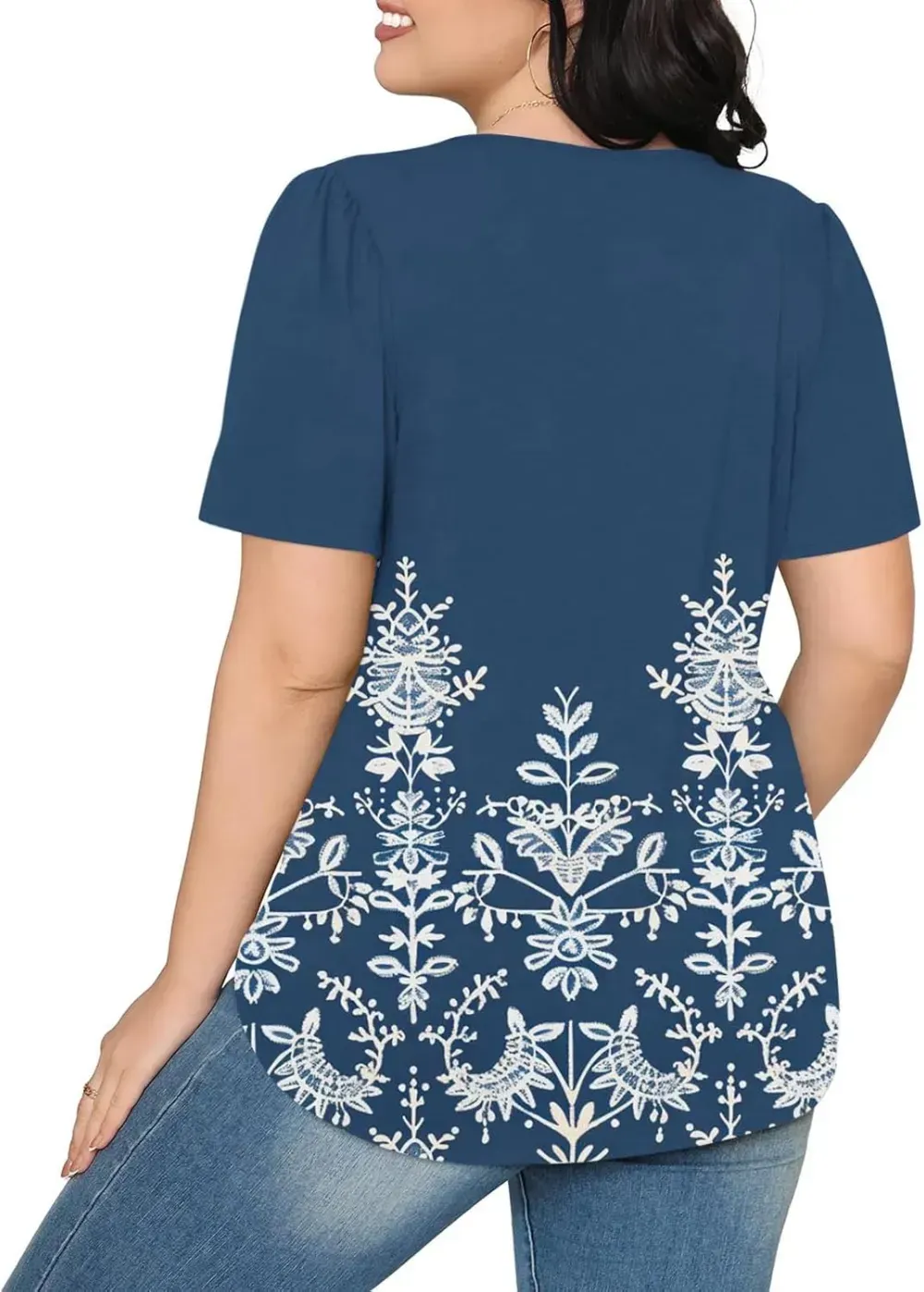 Womens Summer Pleated Front Shirts Tunics Casual Short Sleeved Loose Round Neck Boho Printed Tops Vacation Blouse