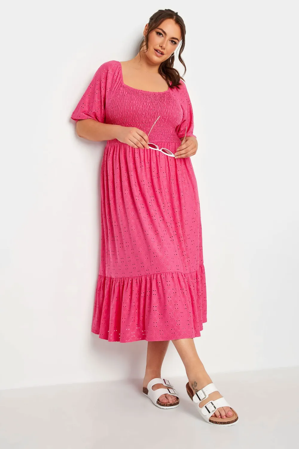 YOURS Curve Pink Shirred Broderie Anglaise Midaxi Dress