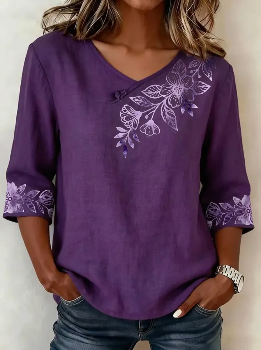 Women's Nashville Floral Pattern Printed V-neck Top