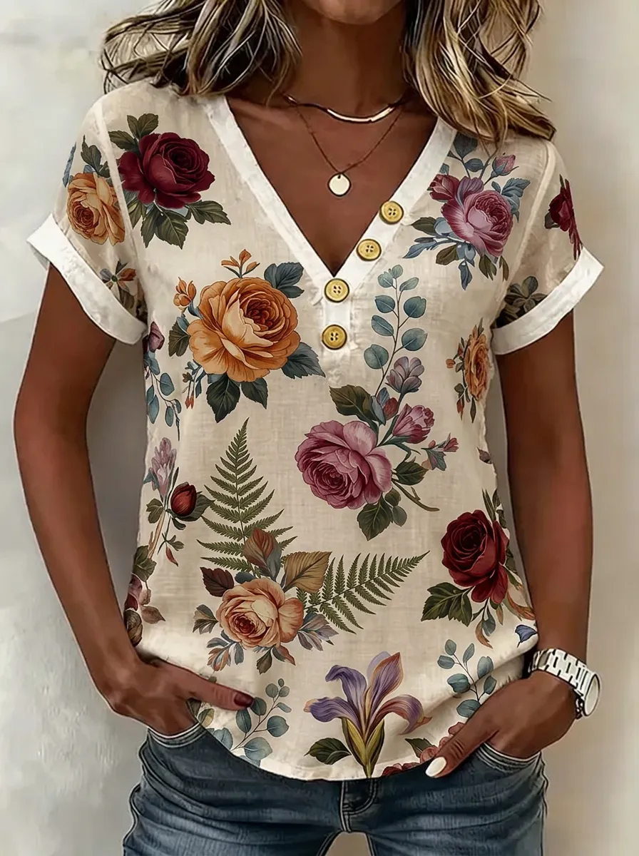 Women's Nashville Floral Rose Fern Printed Button V-Neck Top
