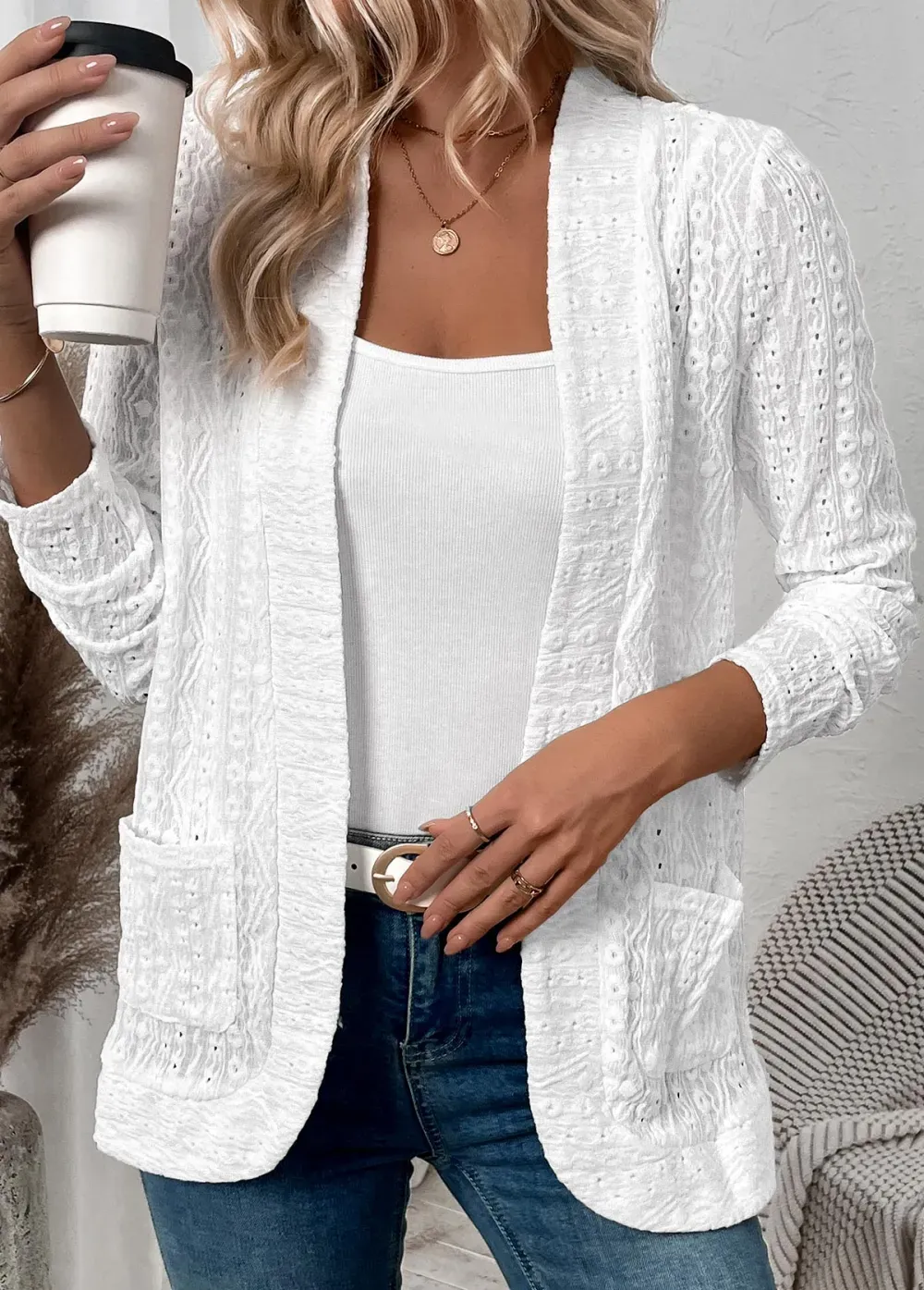 White Pocket Lace Long Sleeve Coat