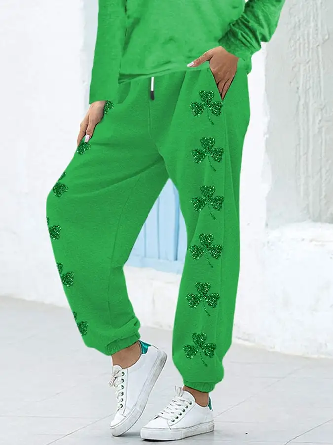 Women's St. Patrick's Day Glitter Shamrock Print Casual Pants