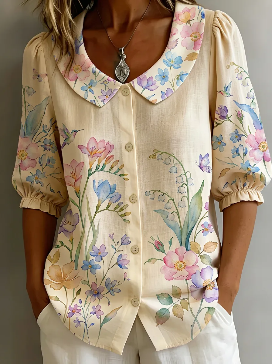 Women's Nashville Floral Hummingbird Watercolor Printed Blouse