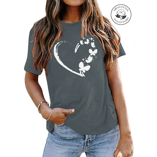 Women's T shirt Tee Cotton 100% Cotton Butterfly Heart pea green Black White Basic Print Short Sleeve Home Daily Date Basic Round Neck Regular Fit T-shirt Sleeve Summer