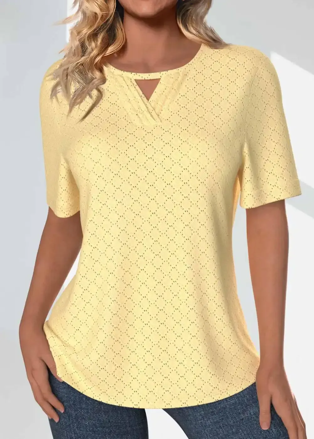 Light Yellow Jacquard Short Sleeve Round Neck T Shirt