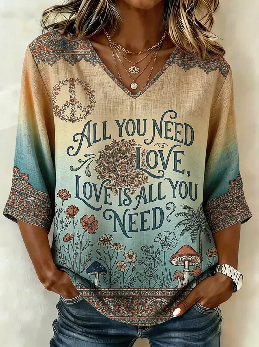 Women's Nashville Boho Love Mandala Printed V-neck Top