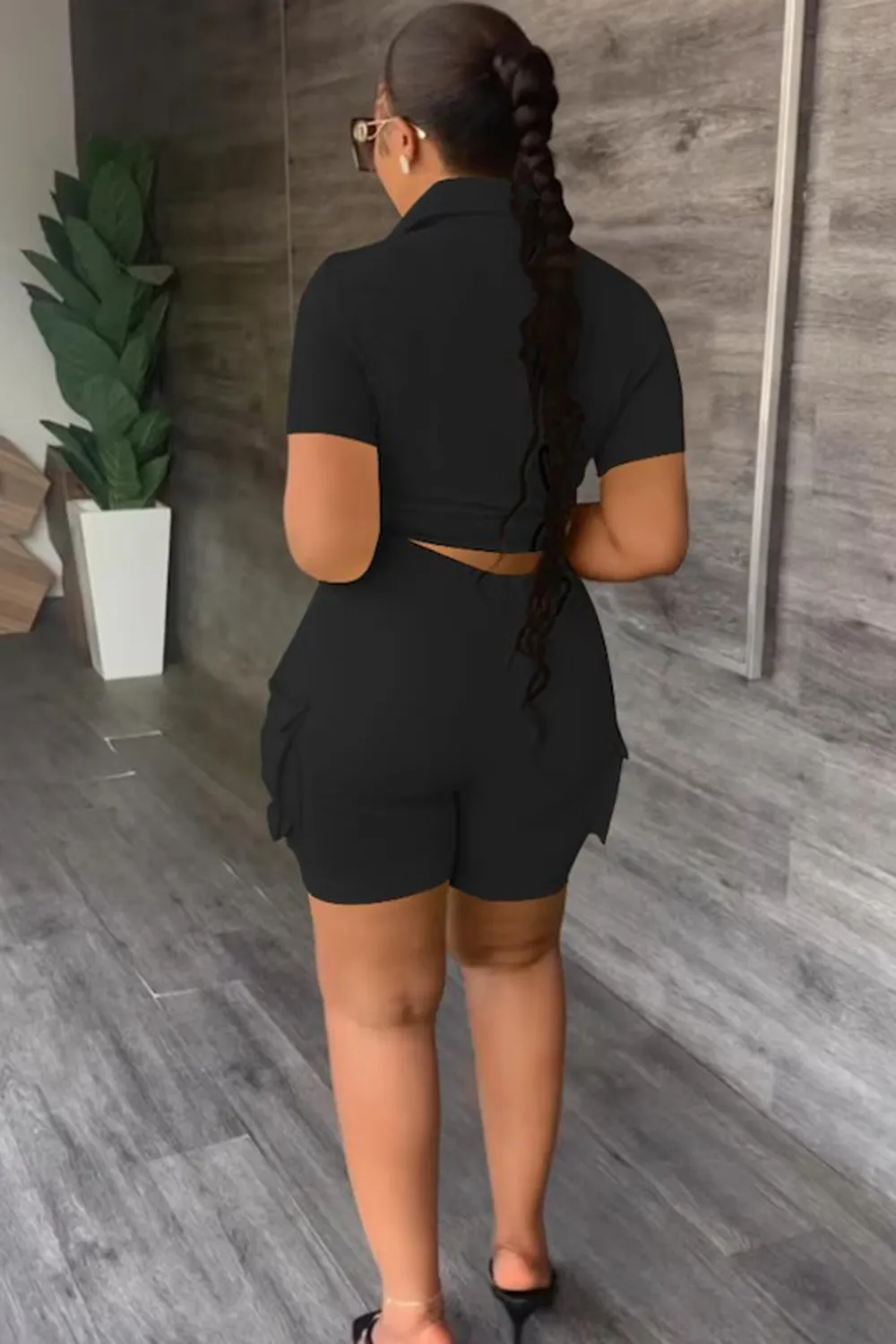 Letter Print Solid Color Blouse With Trendy Cargo Shorts Set