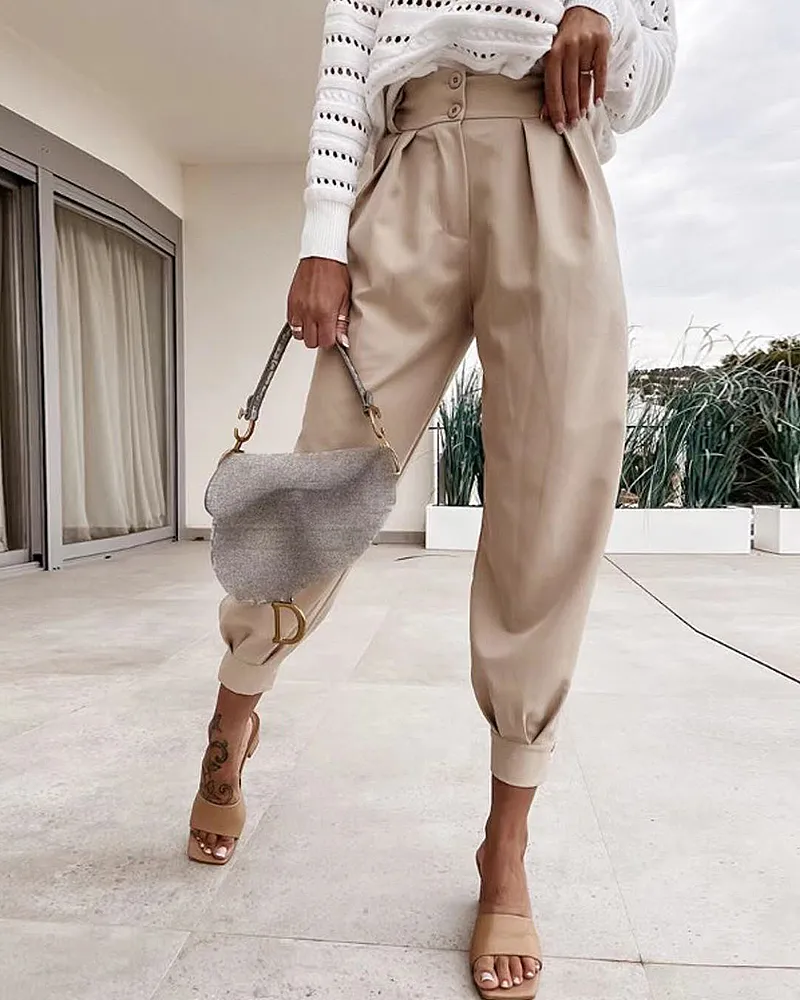 Pleated Detail Button Decor Crop Pants Without Belt