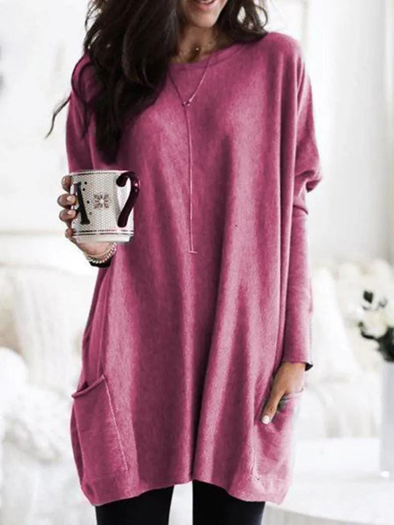 Casual Pocket Long Sleeve Round Neck T-Shirt