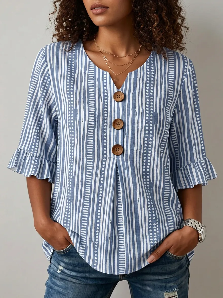 Women's Nashville Travel Striped Pattern Printed V-Neck Button Top