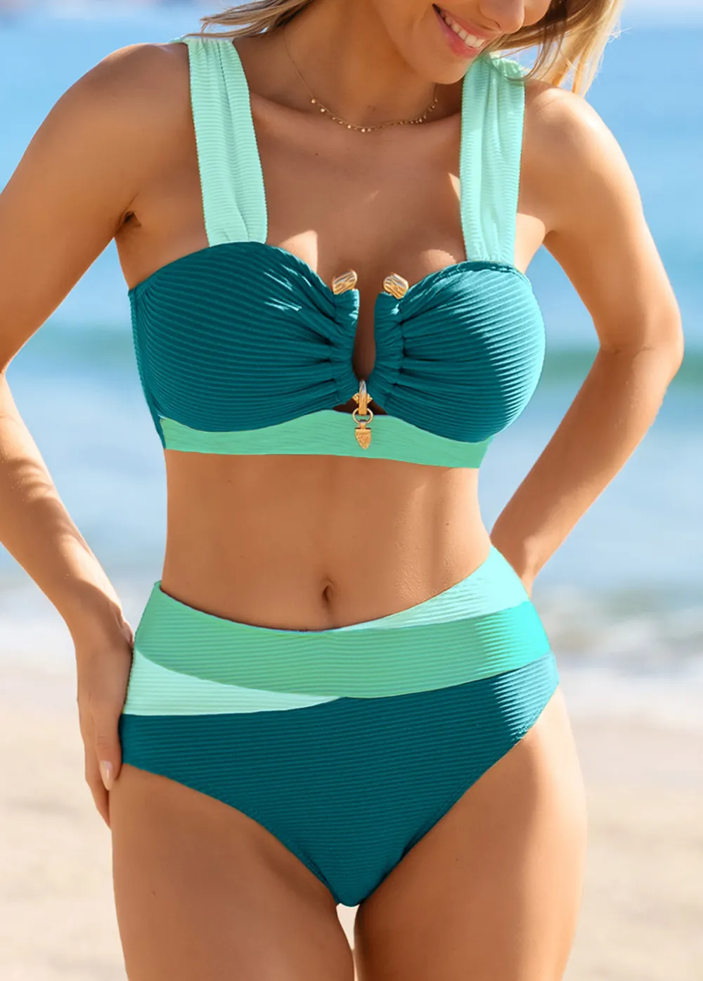 Patchwork Mid Waisted Cyan Bikini Set