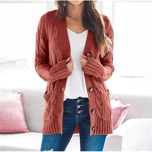 Women's Cardigan Pocket Knitted Button Solid Color Casual Chunky Long Sleeves