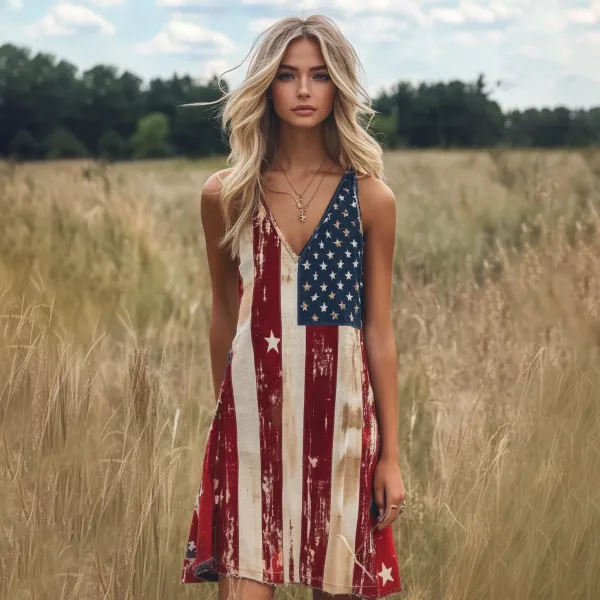 Women's Vintage Independence Day Flag Print V-neck Tank Midi Dress