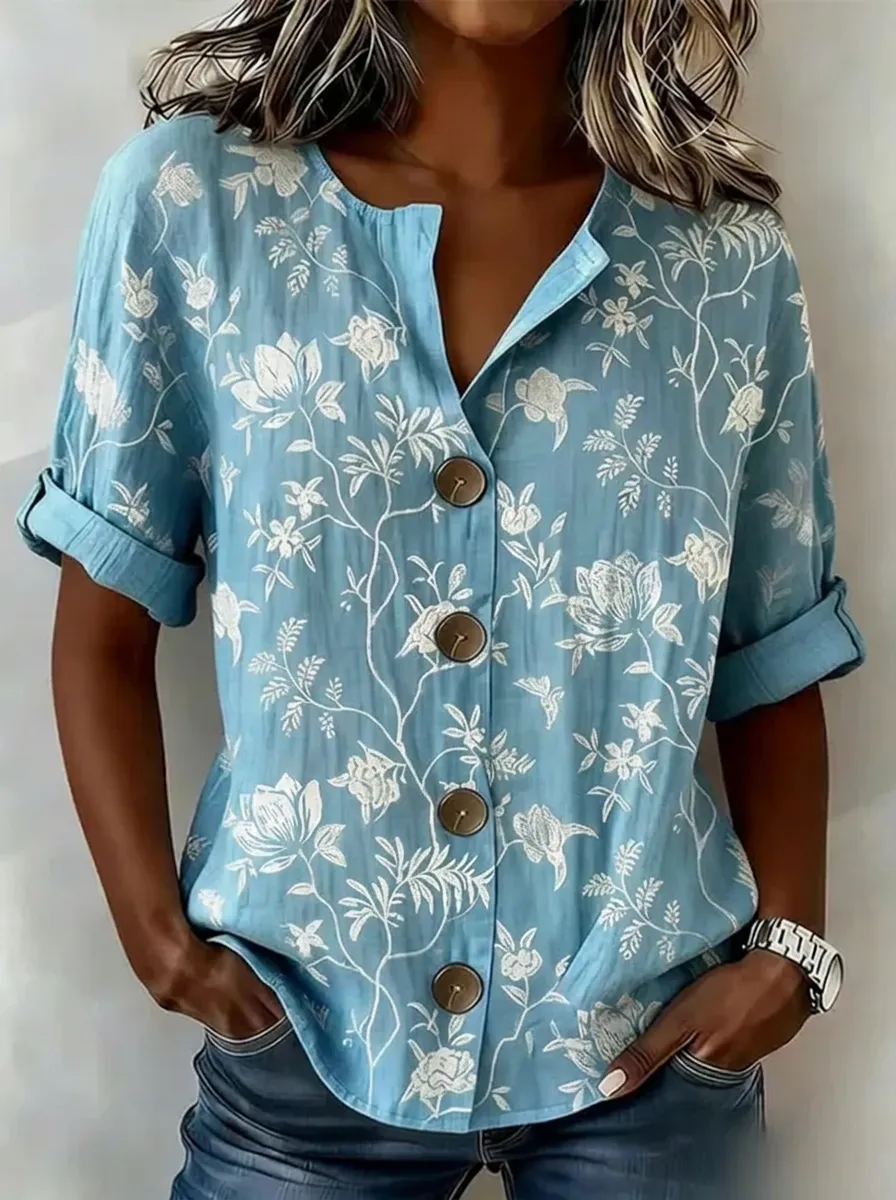 Women's Nashville Floral Botanical Printed Button-up Shirt