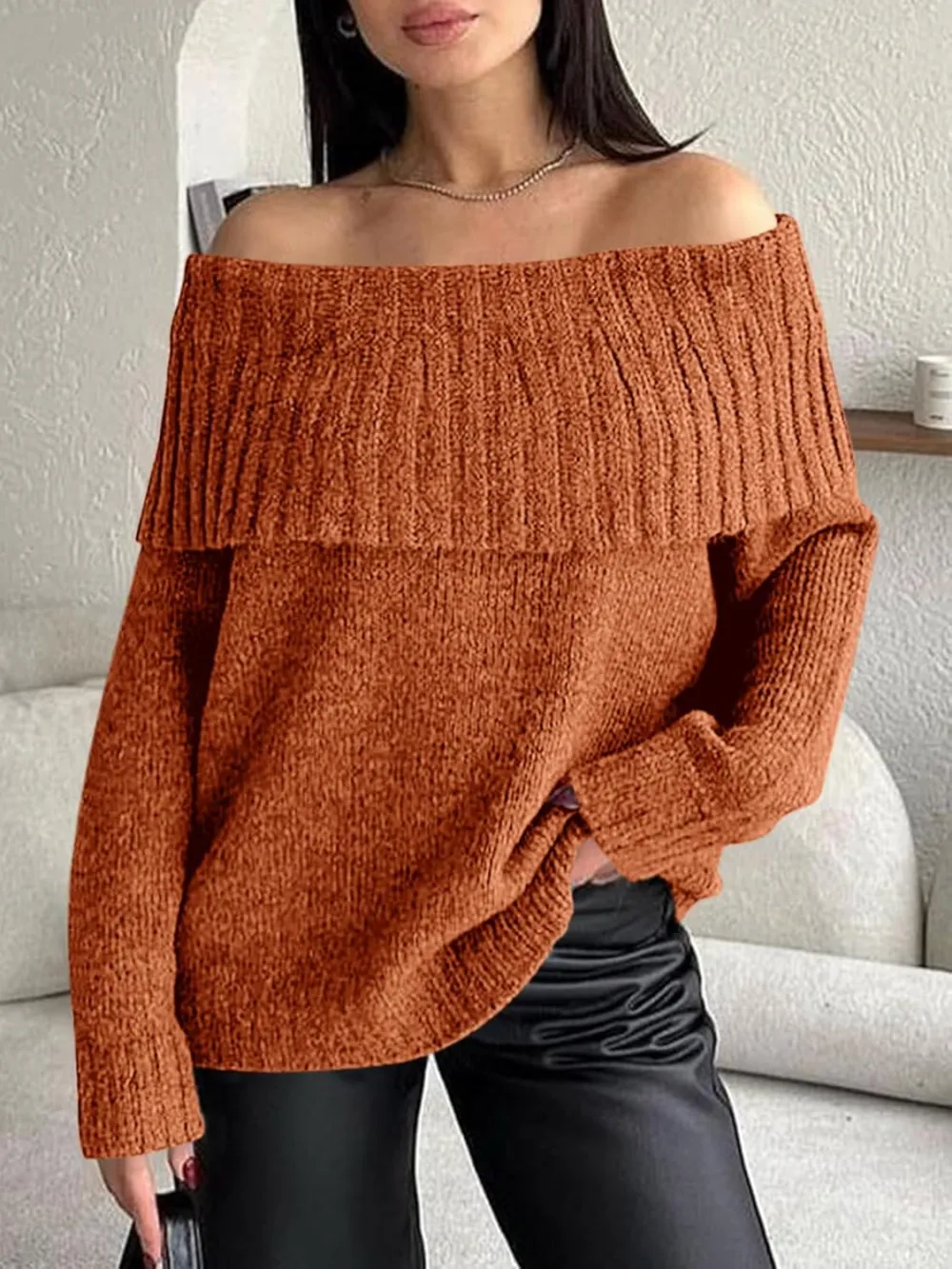 🎄Hot Sale Off The Shoulder Sweaters Long Sleeve Slouchy Knitted Casual Loose Fall Trendy Pullover Tops