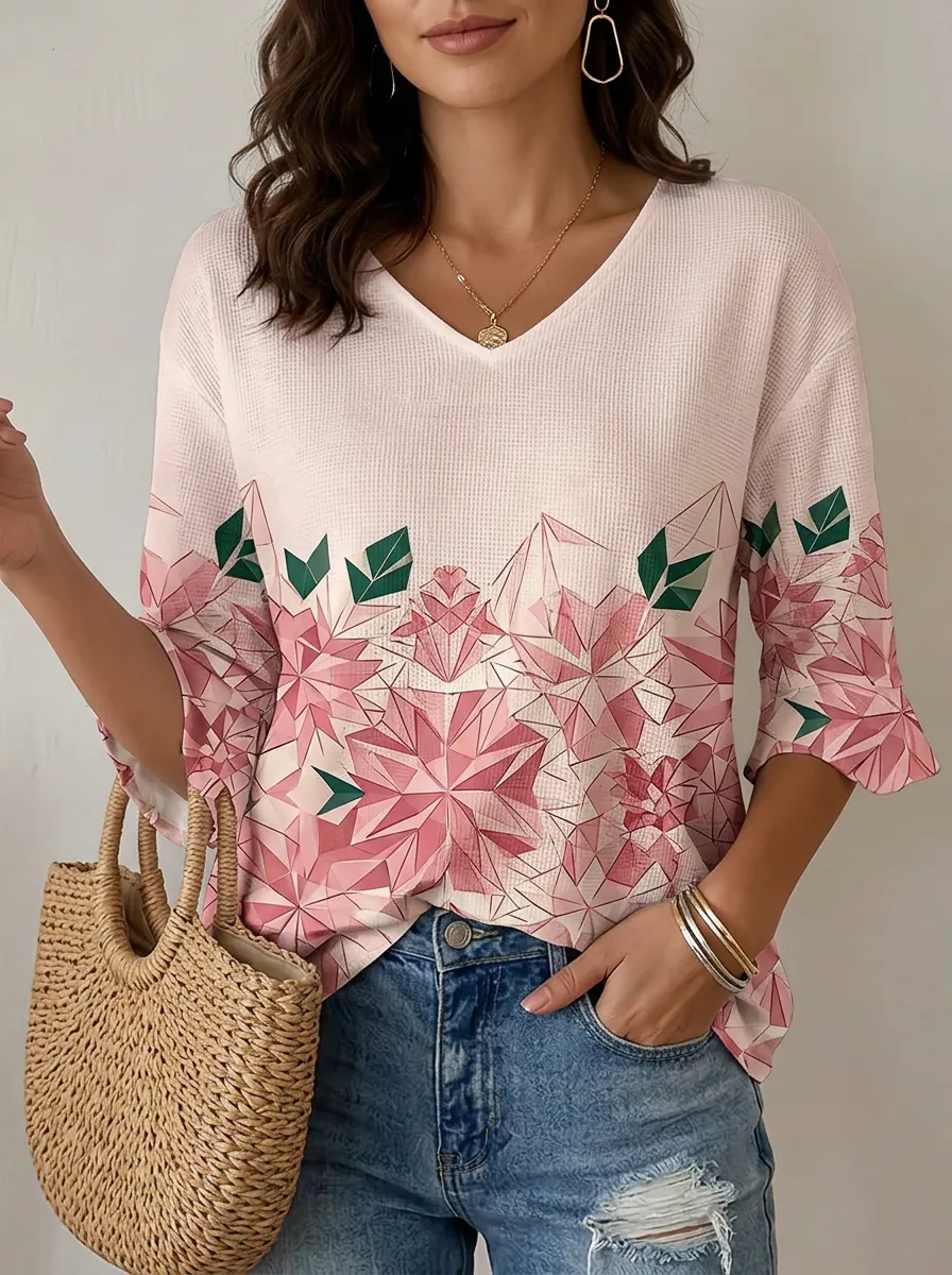 Women's Nashville Floral Geometric Printed V-Neck Top