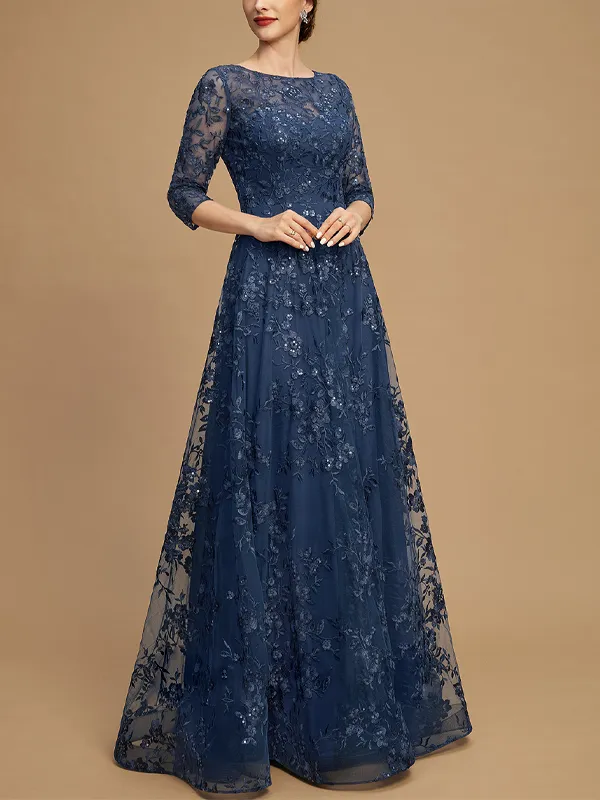 Round Neck Lace Long Sleeve Solid Color Maxi Dress