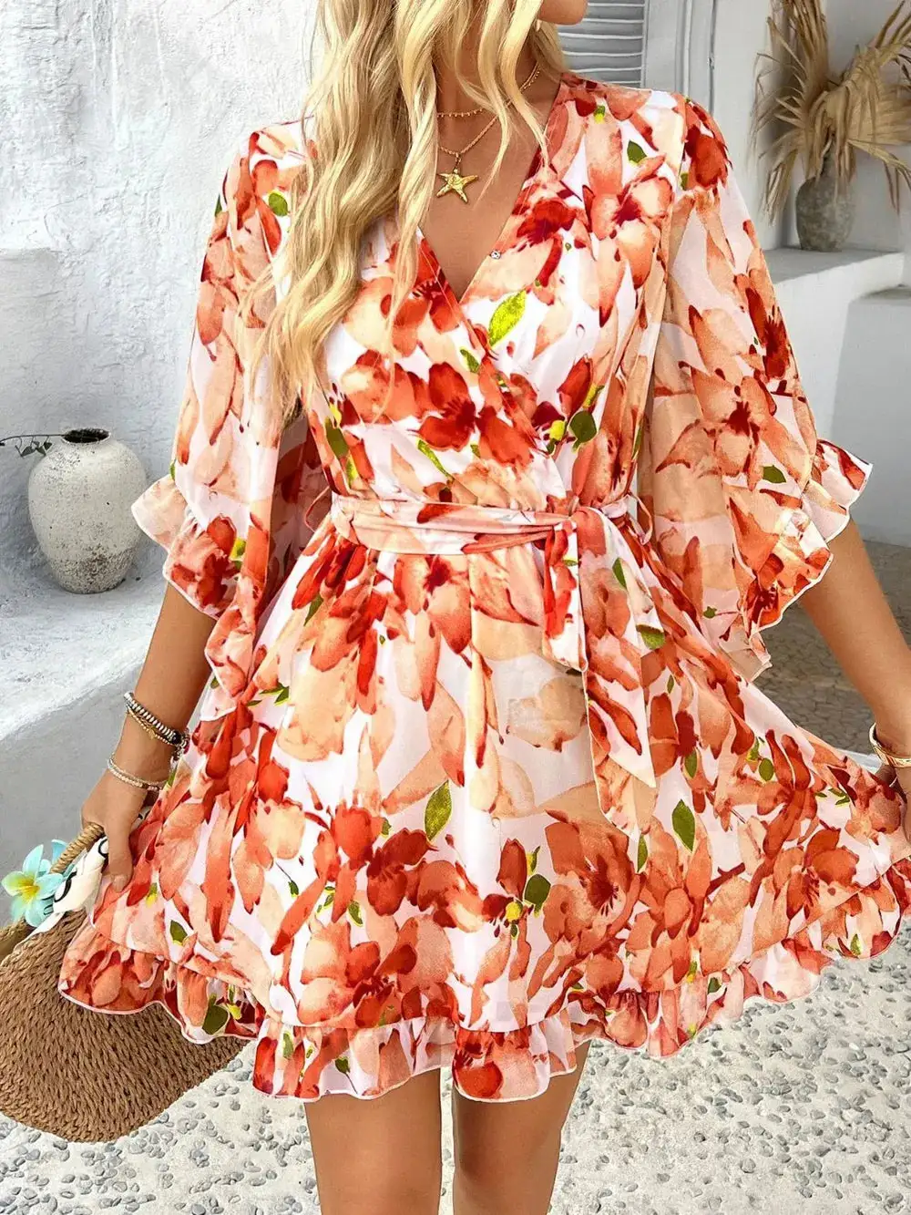 Relaxed Surplice Neck Ruffle Trim Dress