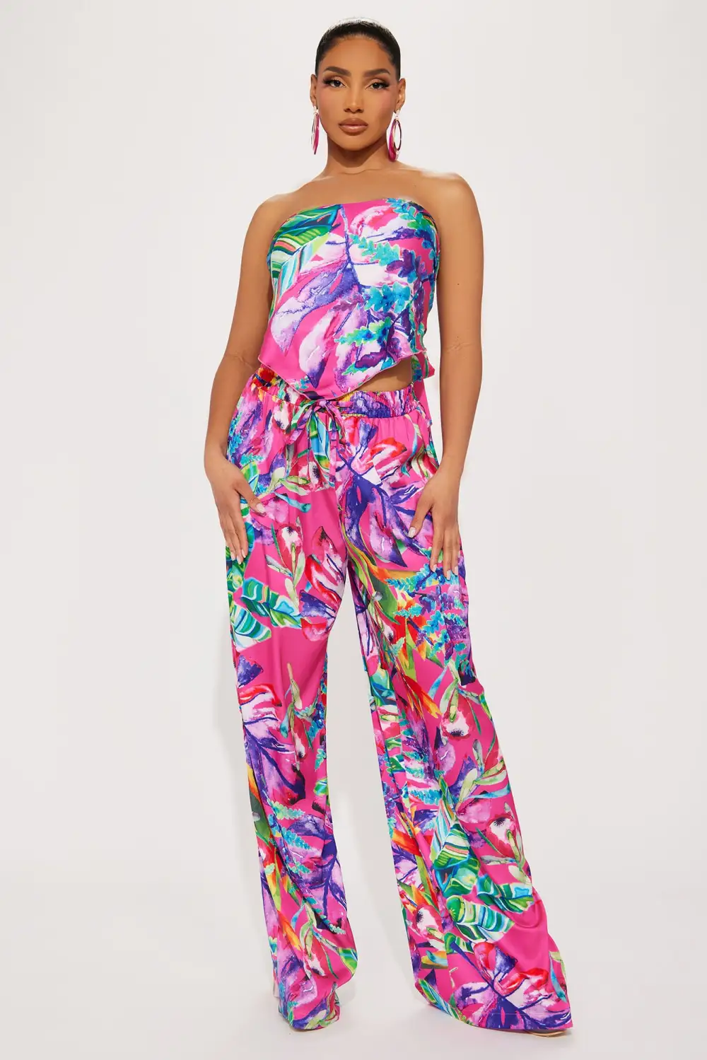 Tropical Babe Satin Pant Set - Pink/combo