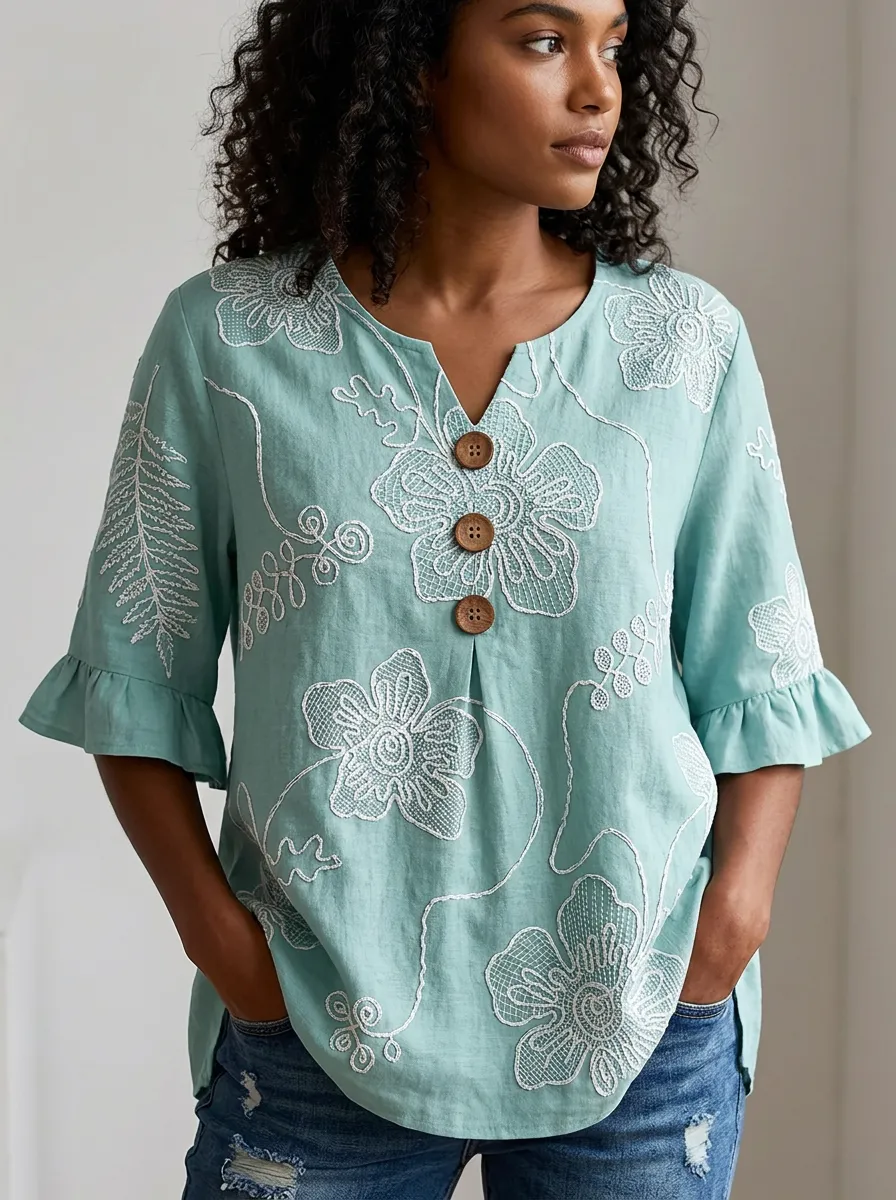 Women's Nashville Floral Embroidered Ruffle Sleeve Linen Top