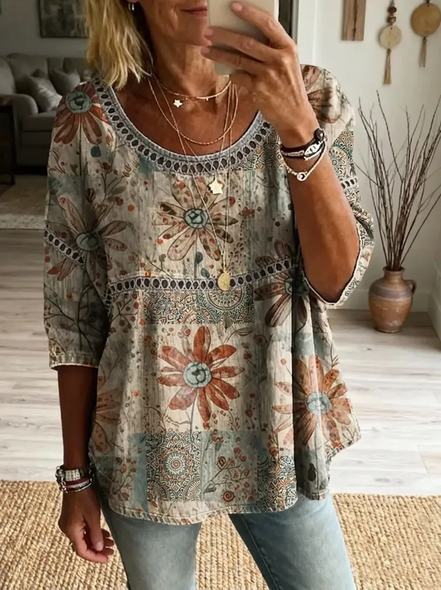 Women's Nashville Floral Boho Patchwork Printed Top