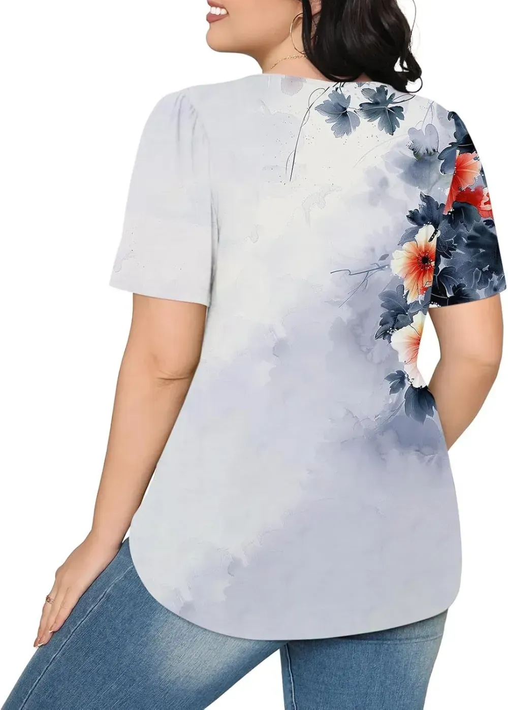 Womens Summer Pleated Front Shirts Tunics Casual Short Sleeved Loose Round Neck Boho Printed Tops Vacation Blouse