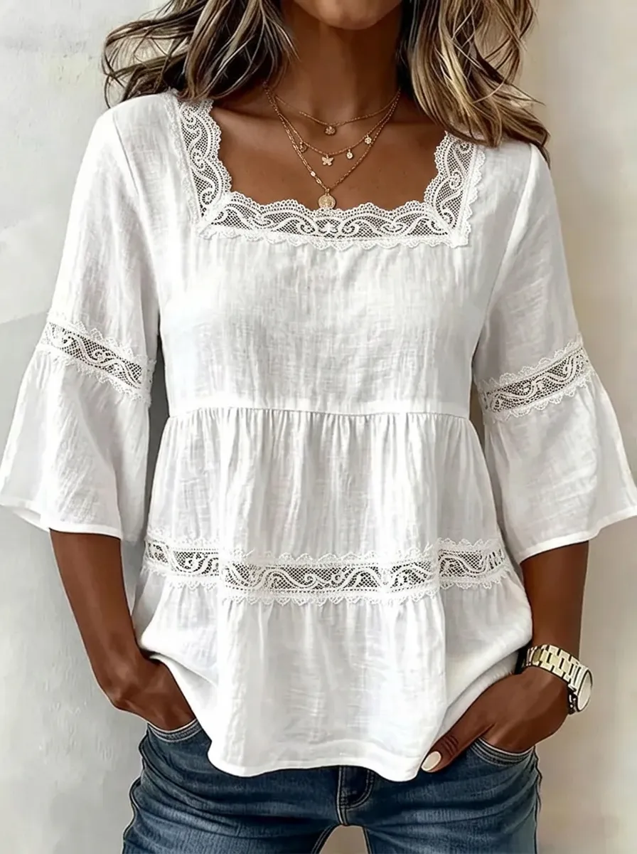 Women's Nashville Country Style Lace Trimmed Bell Sleeve Top