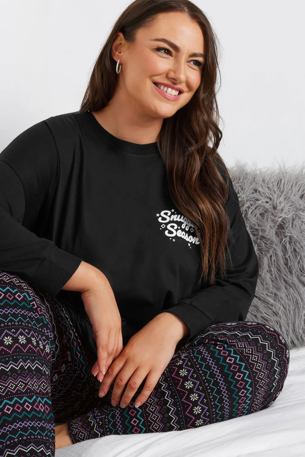 YOURS Curve Black 'Snuggle Season' Fairisle Pyjama Set