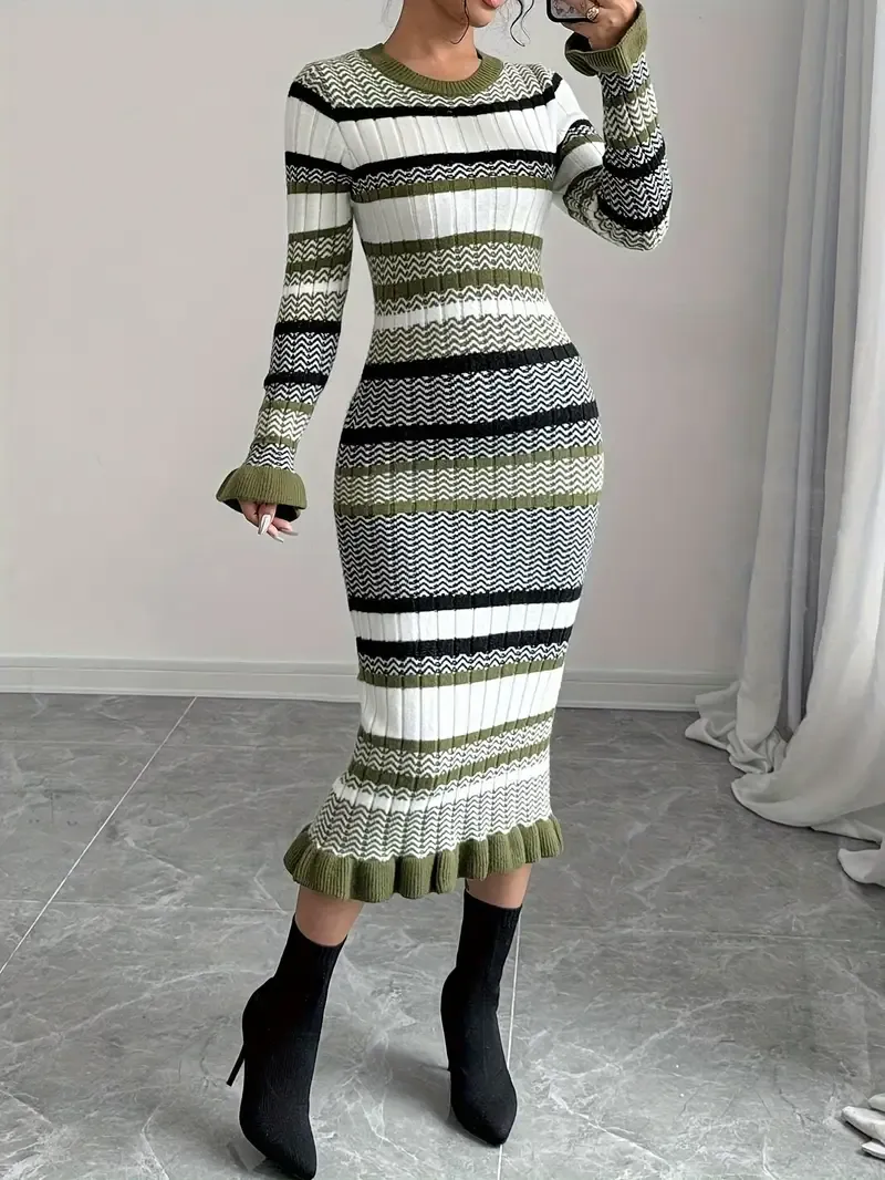 Women's Color Block Striped Knit Long Dress